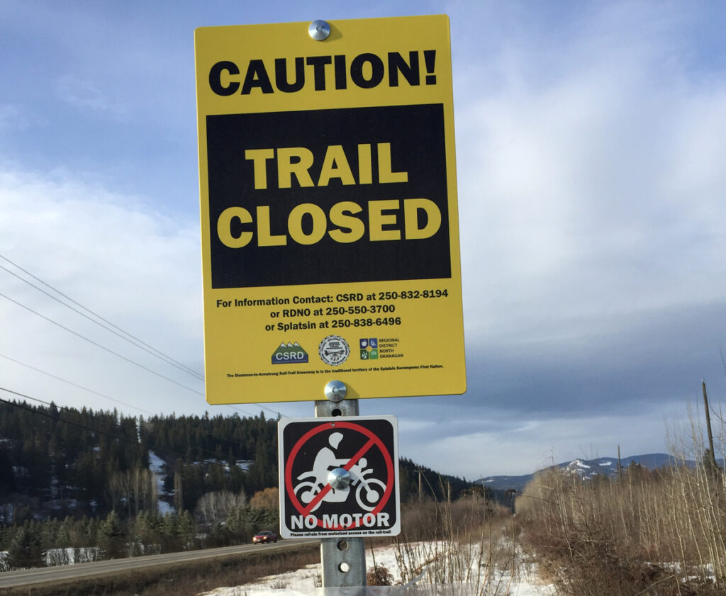Splatsin, Regional District of North Okanagan, and Columbia Shuswap Regional District Governance partners remind everyone the rail trail remains closed for all motorized and non-motorized use until safely developed for walking and cycling. (Shuswap Traill Alliance photo)