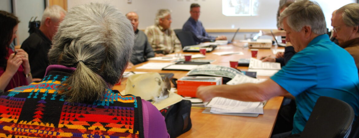 Members of the Sicamous-to-Armstrong Rail Trail Corridor Interjurisdictional Governance Advisory Committee in discussions at a meeting held March 15, 2019 at the Splatsin Community Centre. (Tracy Hughes/CSRD photo)